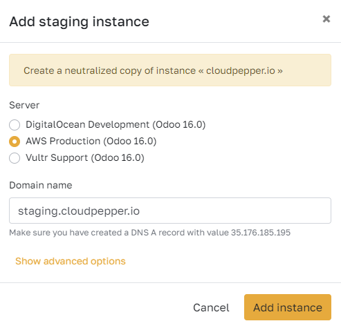Add an Odoo staging environment to test new features