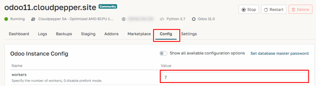How to change Odoo workers in Cloudpepper dashboard