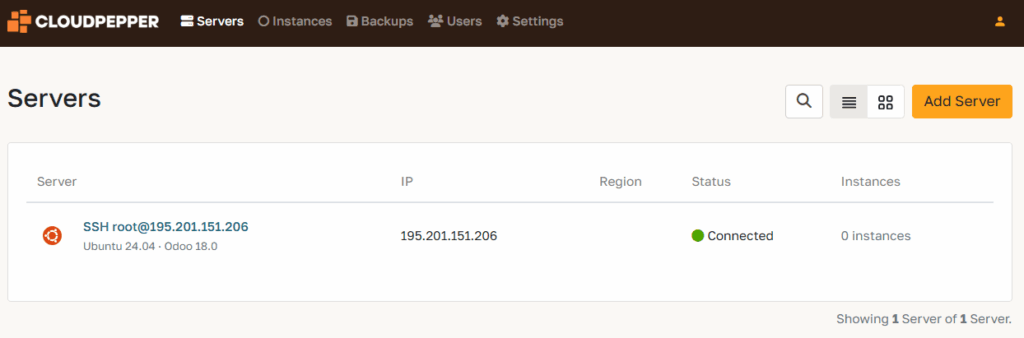 Server showing connected, ready for odoo instances