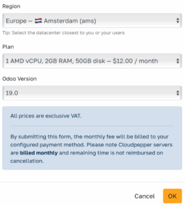 Choose region, plan and Odoo version