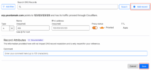Add A DNS record in Cloudflare for Odoo instance